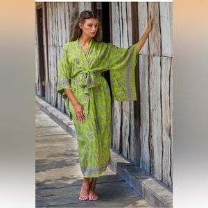 NOVICA kaftan Robe Balinese Green Purple Fern Kimono Tropical Forest one size